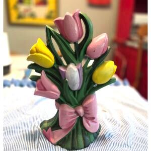 Cast Iron Spring Tulip Bouquet Vintage Door Stop Indoor Outdoor 9.5" Height